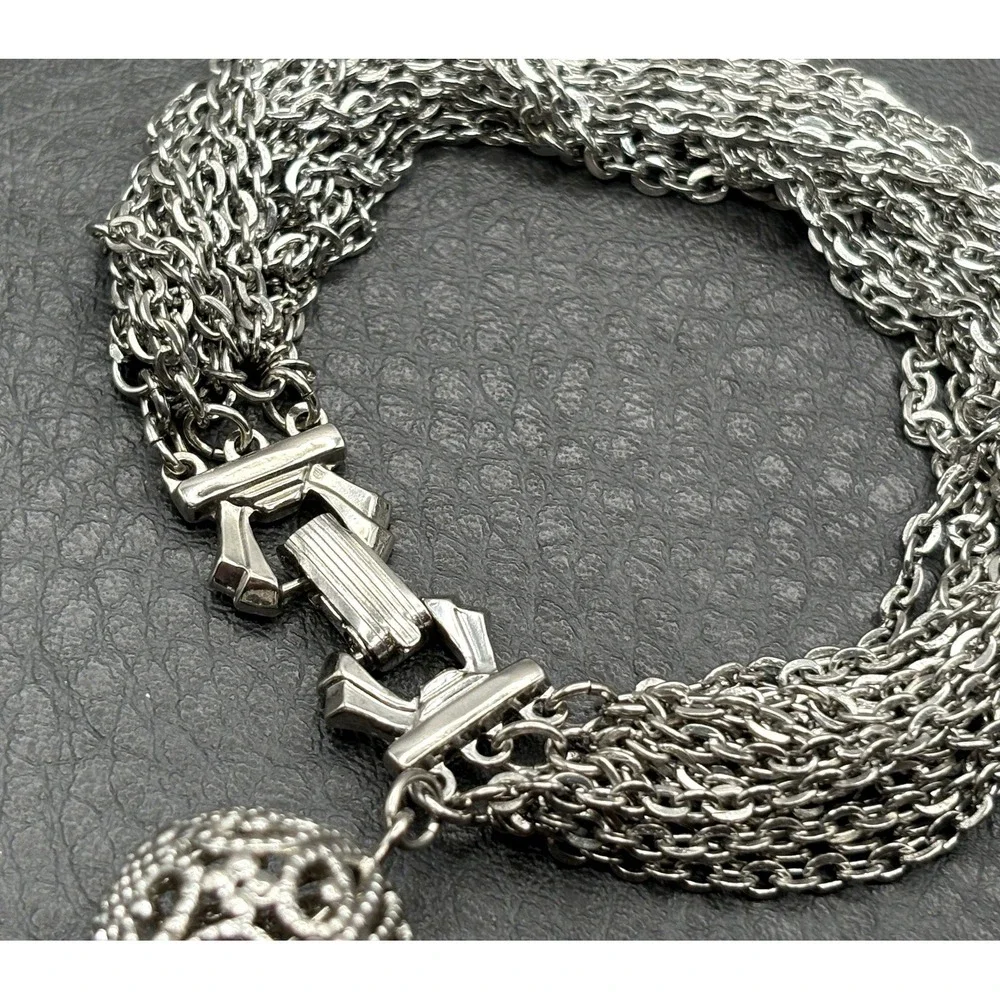 Vintage Silver Tone Multi-Strand Chain Bracelet Ornate Filigree Tassel Charm